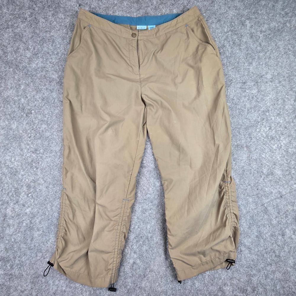 LL Bean Supplex Pants Womens 14P Tan Cropped Hiking Ruched Bungee Hem